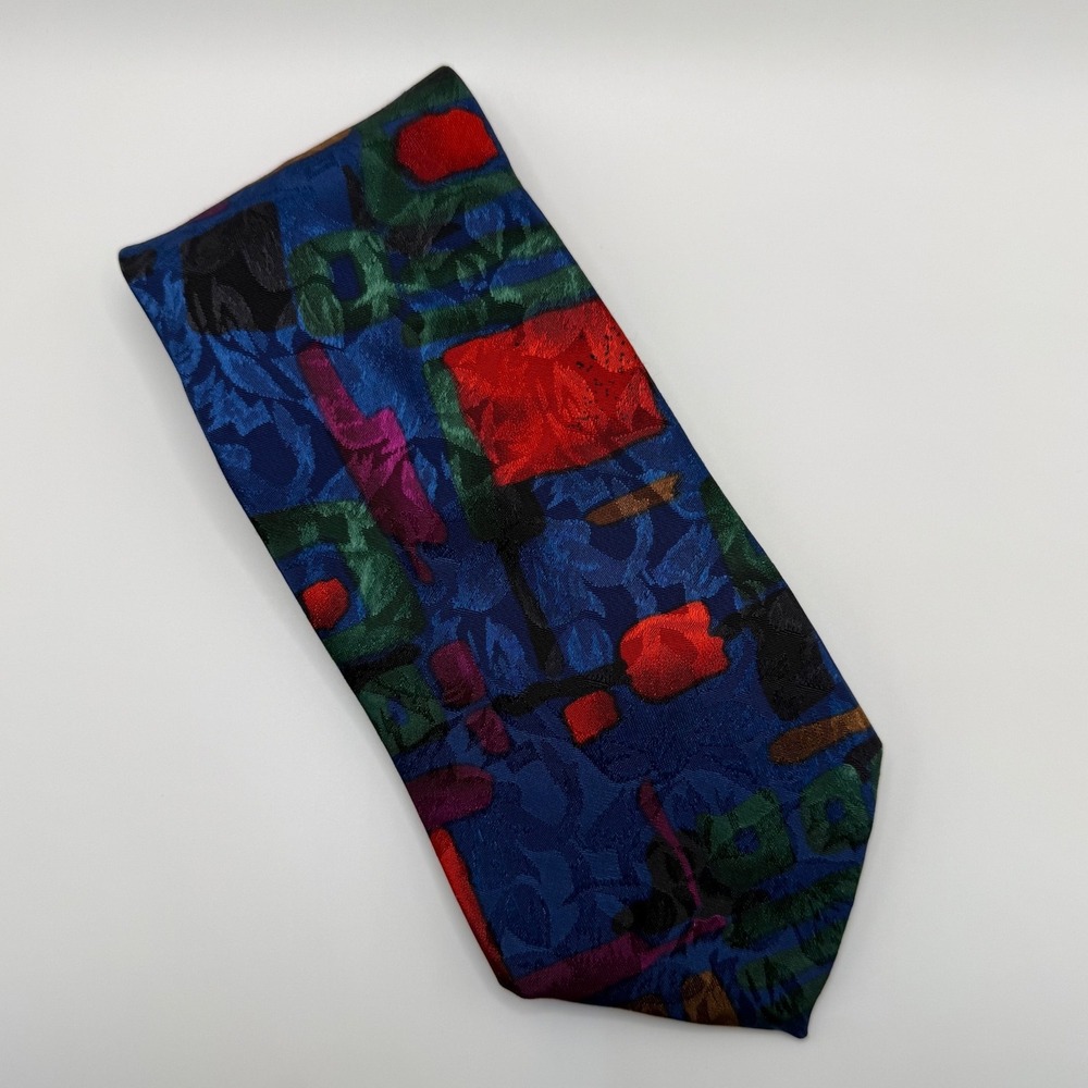 Alberto Zerra Necktie OS Blue Abstract Geometric 90s Retro Silk Tie Jacquard